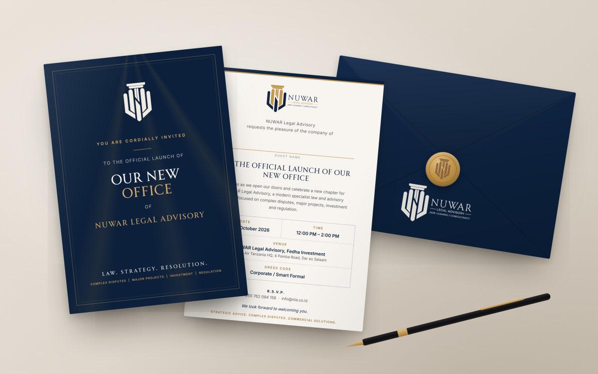 Invitation suite for the official launch of NuWar Legal Advisory's new office, designed by Sbi Digital